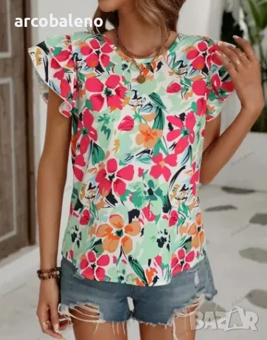 Дамска лятна модна двуслойна риза с къс ръкав с флорален принт, 4цвята , снимка 3 - Ризи - 40394598