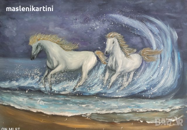 Белите коне и морето маслена картина, снимка 1 - Картини - 37891579