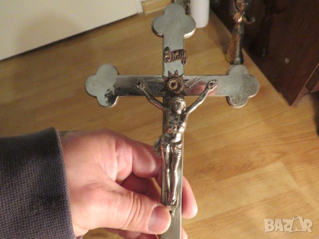 Настолен Стар голям  метален кръст разпятие Исус Христос 32 х 13см религия, снимка 2 - Антикварни и старинни предмети - 43169609