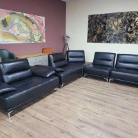 Черен кожен ъглов диван и фотьойл Artemis с електрически облегалки, снимка 5 - Дивани и мека мебел - 43552710