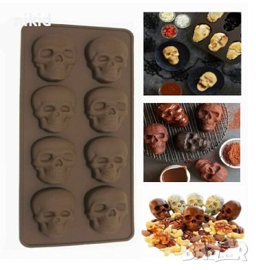 8 бр череп черепи черепа силиконов молд форма фондан шоколадови бонбони гипс сапун, снимка 1