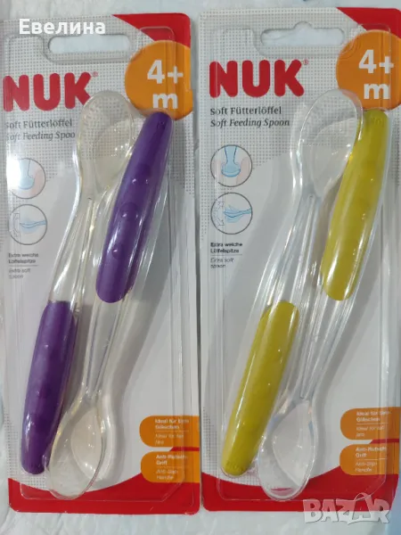 2 броя бебешки силиконови лъжички NUK 4+ месеца с дълга дръжка, снимка 1