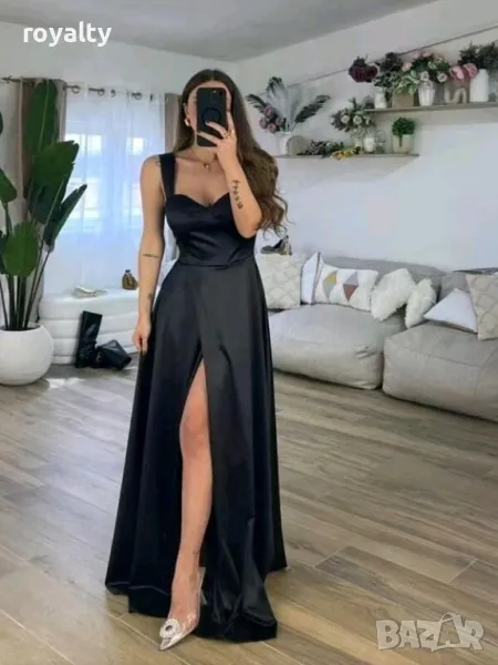 Черна дълга сатенена рокля с твърди чашки, снимка 1