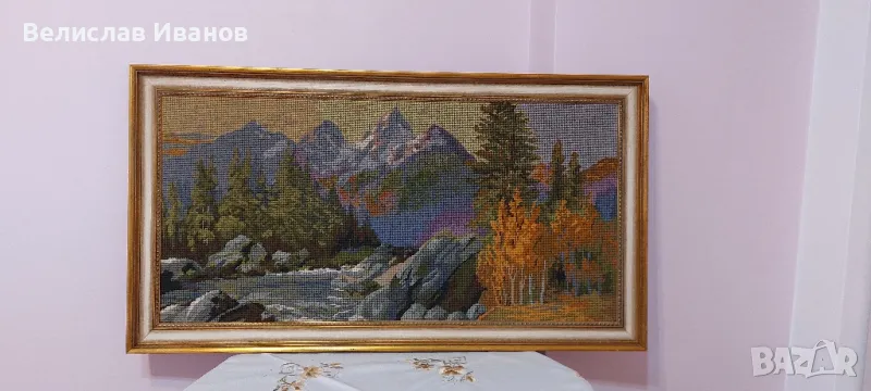Антикварен гоблен планински пейзаж в перфектно състояние. , снимка 1
