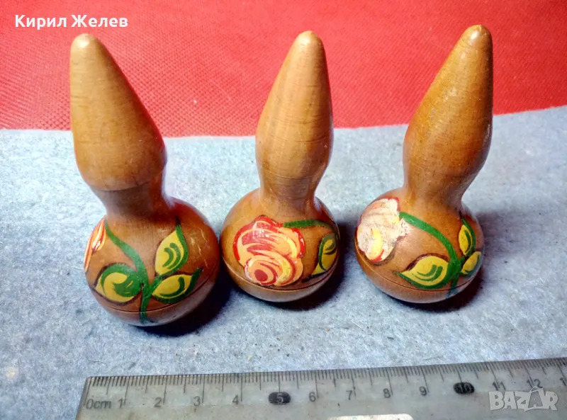Три СТАРИ РУСКИ ДЪРВЕНИ ИГРАЧКИ КЕГЛИ РЪЧНО ФЛОРАЛНО ИЗРИСУВАНИ 47810, снимка 1