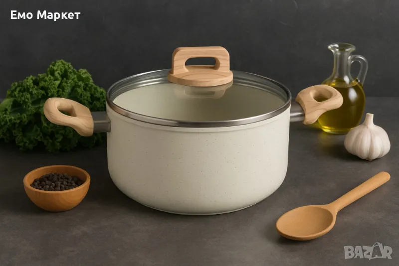 Тенджера Voltz Nice, Кован алуминий, Мраморно покр., Индукция, Кремав меланж, снимка 1