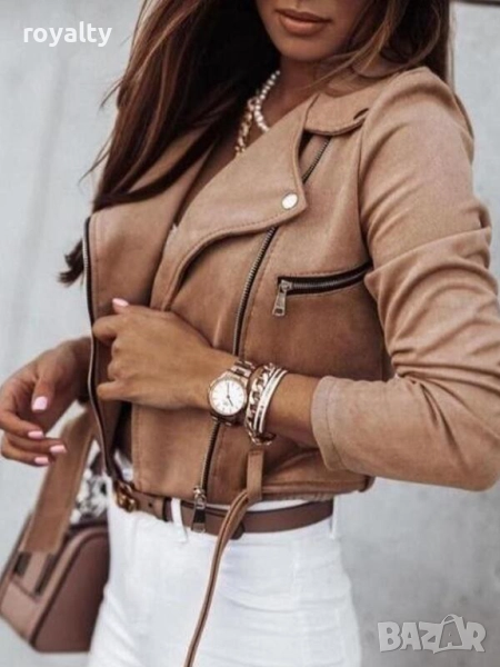 Дамско бежово велурено яке с колан, снимка 1