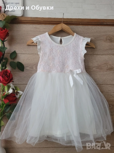 Детска официална бяла рокля с пайети и розови цветчета , снимка 1