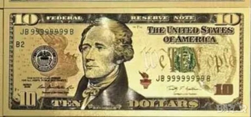 Златна банкнота 10 долара - прекрастно предложение за подарък и пожелание да върви на пари., снимка 1