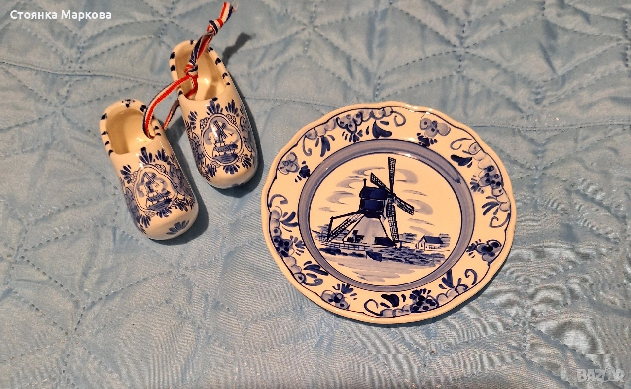Холандски малки обувчици и чинийка Delft, снимка 1