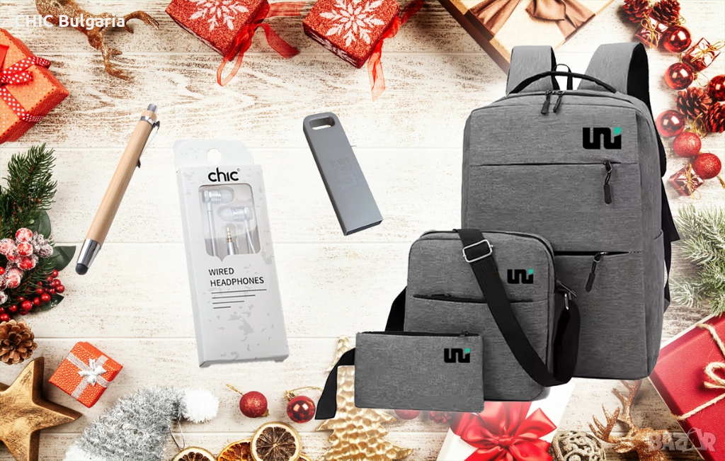 Раница, химикал, флашка и слушалки + Подарък коледни лакомства, снимка 1