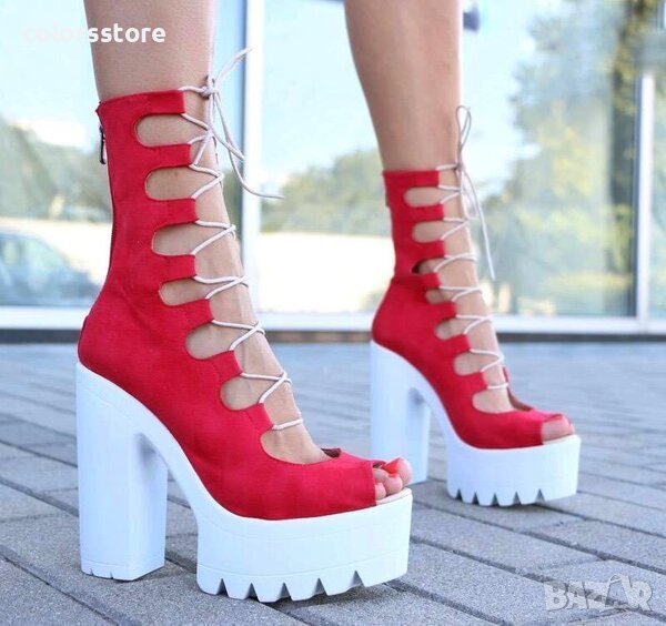 Летни боти на ток - червен велур - 101, снимка 1