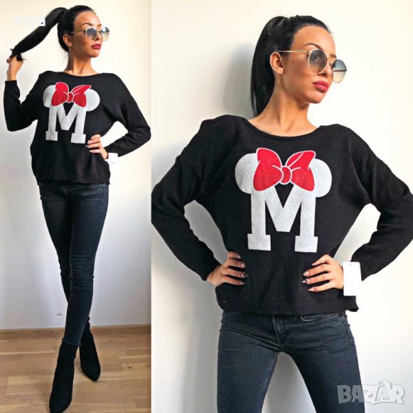 Пуловер финно плетиво със Мини Маус / Minnie Mouse в черен, сив и бял цвят, снимка 1