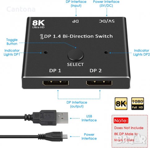 Knaive 8K DP 1.4 DisplayPort двупосочен  конвертор сплитер, поддръжка 8k@30Hz /5K@60Hz/4K@120Hz, снимка 5 - Кабели и адаптери - 37873267