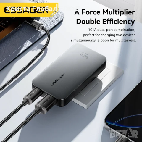 Зарядно Essager ES-CD46 ABS, GaN, 65W, Dual USB-C/USB-A, снимка 2 - Друга електроника - 51254153