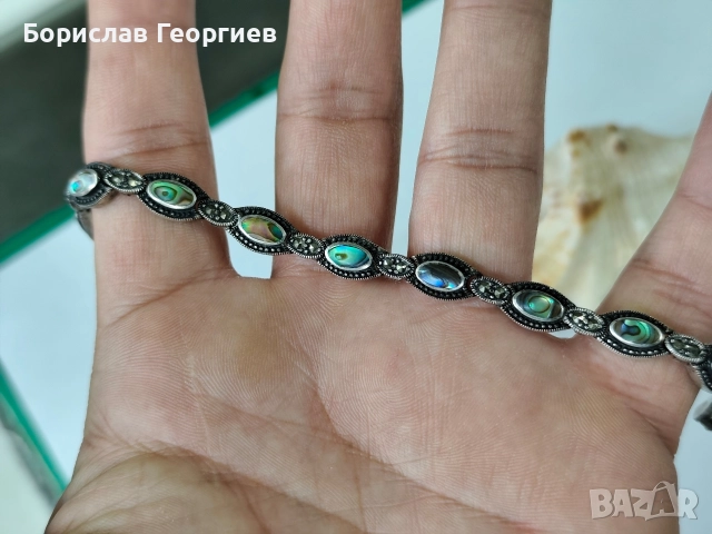 Сребърна гривна с кралски седеф, снимка 5 - Гривни - 52838776