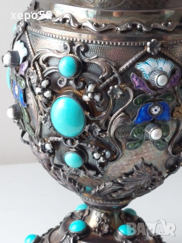 Стара Антикварна Сребърна кана за вода/сребро 925 проба,емайл,тюркуази/чаша,сребро/, снимка 12 - Аксесоари за кухня - 52316145