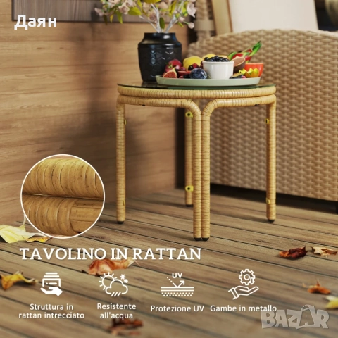 Кръгла градинска масичка от ратан и подсилено стъкло Outsunny , снимка 3 - Градински мебели, декорация  - 52669085