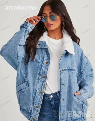 Дамско есенно и зимно дънково свободно яке с голям ревер и двоен джоб. Ватирано яке, снимка 2 - Якета - 47629288