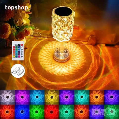 НОВА LED кристална настолна лампа Ausolee, сензорна и димируема [16 цвята и 4 режима] с дистанционно, снимка 5 - Настолни лампи - 50493240