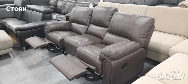 Кафяв кожен диван тройка с ръчен релаксиращ механизъм "Violino", снимка 7 - Дивани и мека мебел - 39974096