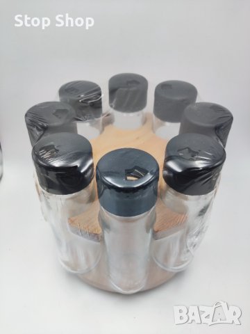 Дървена въртяща поставка за подправки Smukee Kitchen rotating spice rack  8броя стъклени контейнери , снимка 4 - Аксесоари за кухня - 39757035