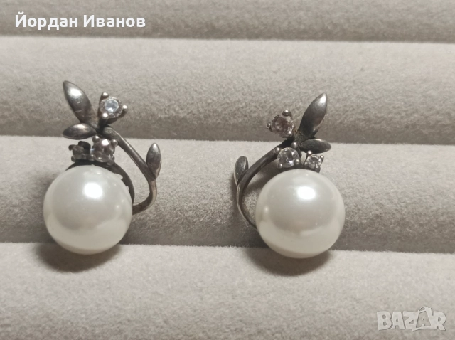 Сребърни обеци с перли и циркони, снимка 2 - Обеци - 52138623