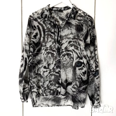 Дамска риза с принт тигър, oversize, овърсайз, шифон, M 