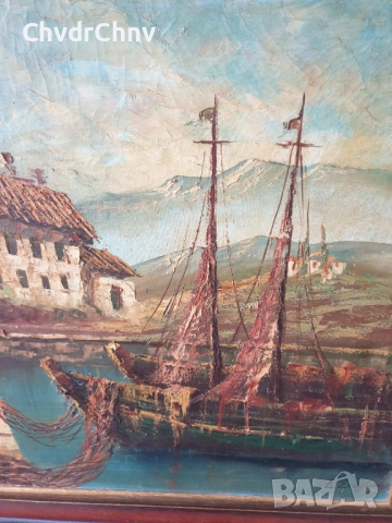 Sirokos 110х70см Сиорокос/стара гръцка голяма картина масло върху платно/морски пейзаж/рибари-лодки, снимка 4 - Картини - 52207867