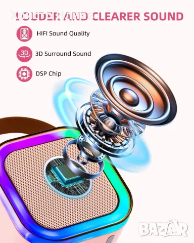 Караоке колона с 2 безжични микрофона с LED светлина Bluetooth безжично свързване Розова, снимка 3 - Други - 47521751