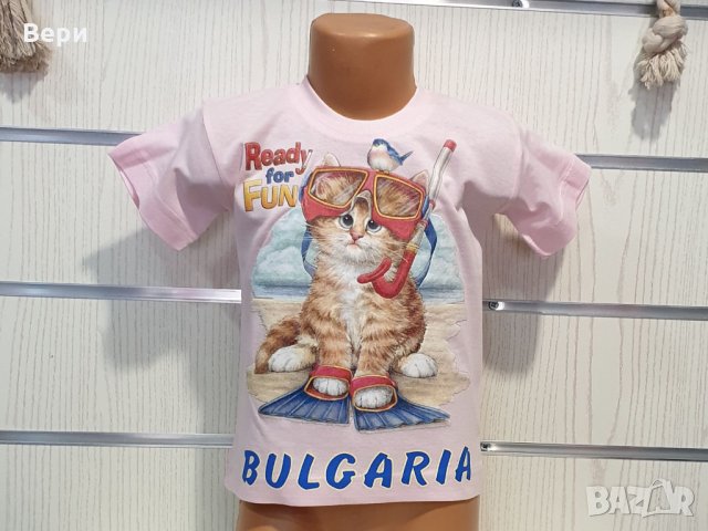 Нова розова детска тениска с трансферен печат Котенце на плаж 