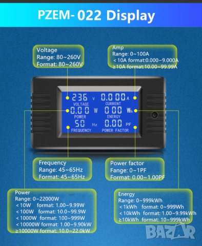 Волтметър Peacefair PZEM-022 AC 80-260V 100А, снимка 10 - Друга електроника - 38001308