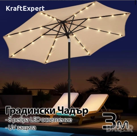 Висококачествен 3M Чадър с LED Светлини и UV Защита – Стилен Комфорт на Открито!