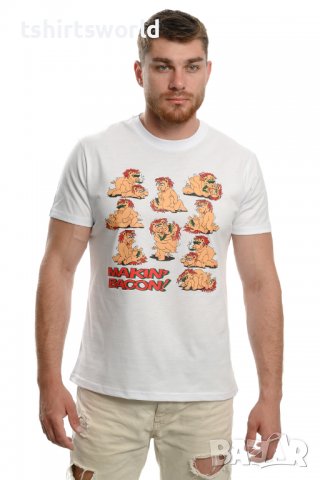 Нова мъжка забавна тениска с трансферен печат MAKIN' BACON с прасета, снимка 3 - Тениски - 37663896