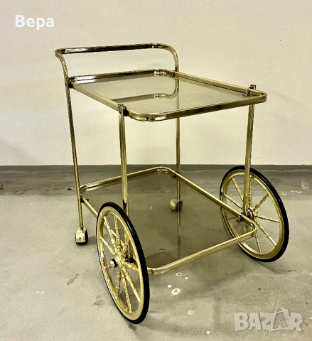 Метална количка за сервиране, златен цвят, подвижен бар