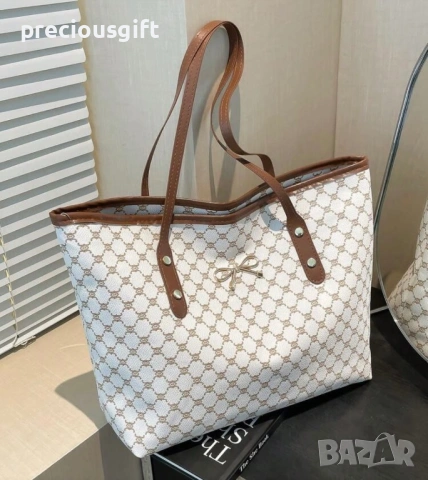 Дамска голяма бяла чанта с панделка