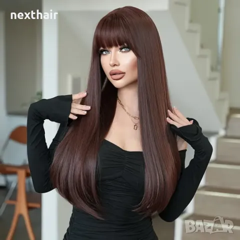 Дълга права тъмно кафява перука с бретон, снимка 5 - Аксесоари за коса - 47370682