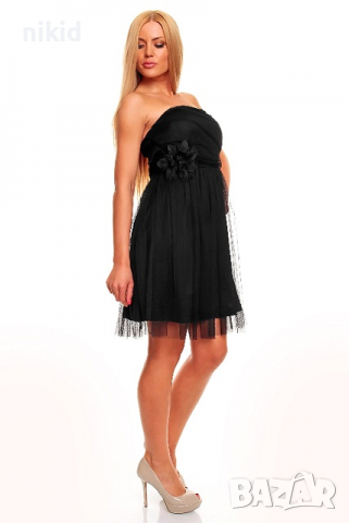 Официална дамска къса черна рокля с тюл и  цвете, снимка 3 - Рокли - 36376890