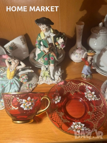 EGERMANN BOHEMIAN RUBY RED CRYSTAL Cup and Saucer - невероятно красив и стилен двоен сет , снимка 4 - Антикварни и старинни предмети - 52638785