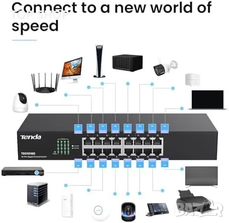 Нов Tenda 16-Портов Gigabit Суич Безшумен Монтаж на Бюро и Стена, снимка 6 - Друга електроника - 49723937