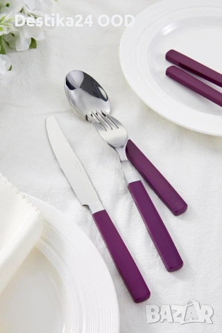 Комплект прибори от неръждаема стомана с лилави дръжки – 20 части, снимка 3 - Прибори за хранене, готвене и сервиране - 53442099