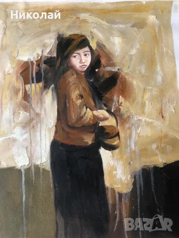 Картини – „Таитянски жени на плажа“ и авторски портрет на момиче, маслени бои, от Париж, нови, снимка 9 - Картини - 47476041