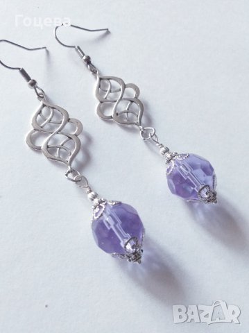 Красиви обици с люляково лилави кристали и орнаменти в цвят Сребро , снимка 1 - Обеци - 32708148