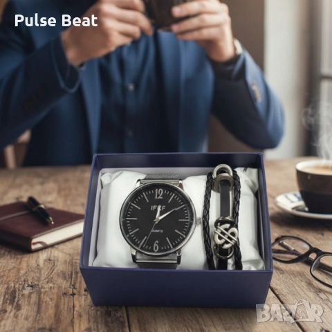Мъжки комплект – кварцов часовник с метална верижка и стилна гривна в подаръчна кутия, снимка 2 - Мъжки - 52045217