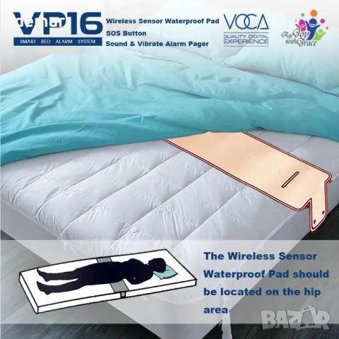 VOCA Smart Bed Alarm System за възрастни хора VP16 Безжична водоустойчива сензорна подложка пейджър, снимка 7 - Други - 49891520