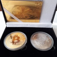 Две сувенирни монети с криптовалути в кутия