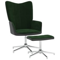 Релаксиращ стол с табуретка, тъмнозелен, кадифе и PVC, снимка 1 - Столове - 40308630