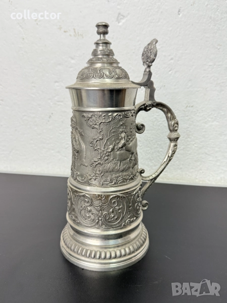 Уникална калаена халба с капак / ловни мотиви. №7460, снимка 1