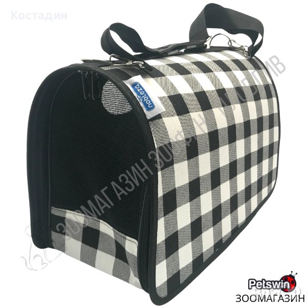 Транспортна чанта за Куче/Коте - M размер-45/19.5/26см-Черно-Бяло каре, снимка 1