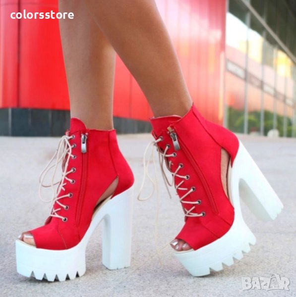 Летни боти на ток - червен велур - 74, снимка 1